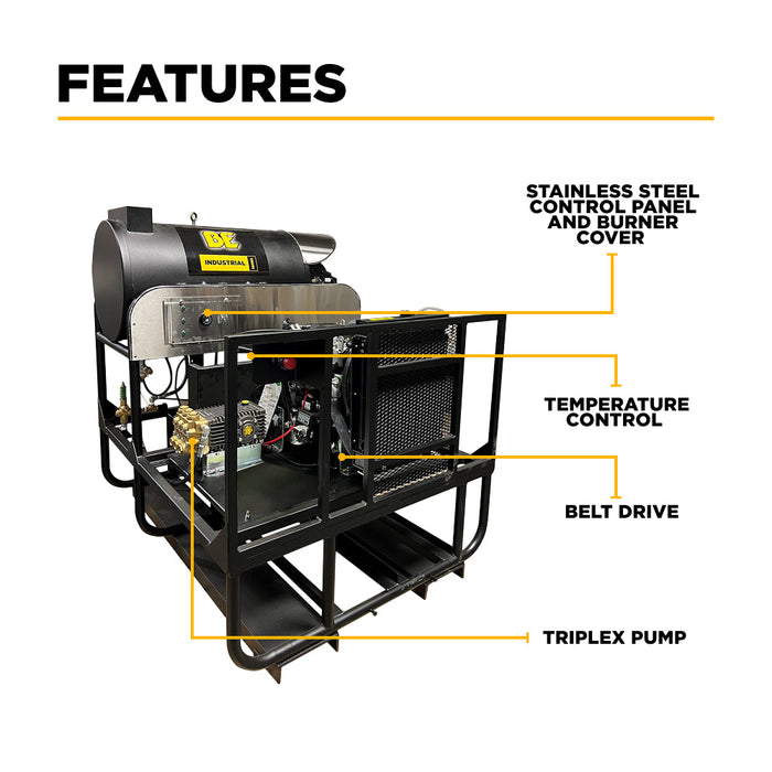 BEPowerEquipment 3,500 PSI 5.2 GPM Hot Water Diesel Pressure Washer Skid with General Triplex Pump - 5640DG