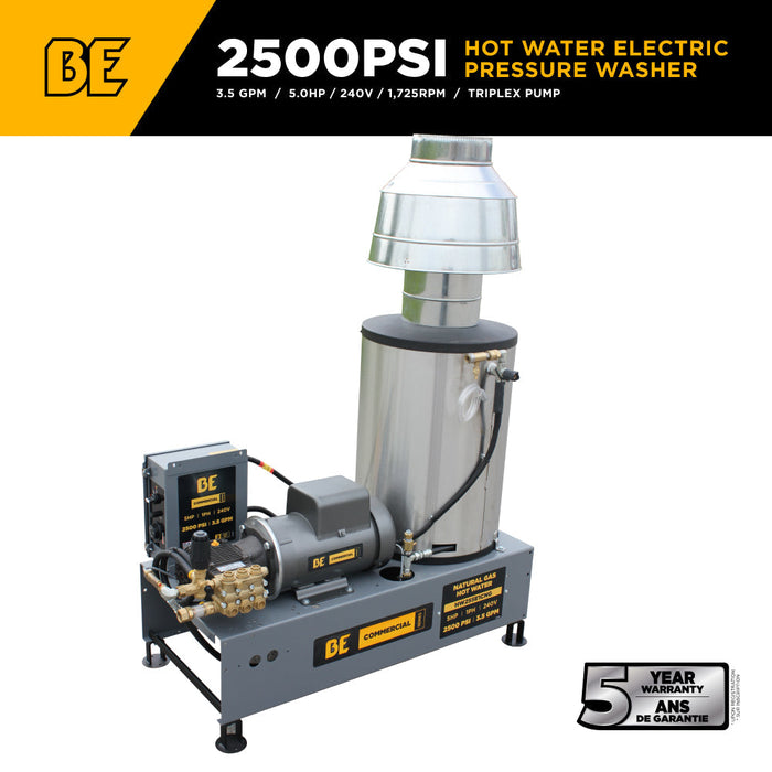 BEPowerEquipment 2,500 PSI 3.5 GPM 5.0 HP Hot Water Pressure Washer with Baldor Motor and AR Triplex Pump - HW255E3CNG