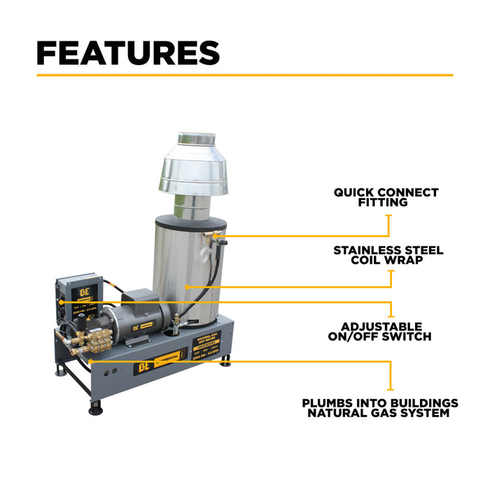 BEPowerEquipment 2,500 PSI 3.5 GPM 5.0 HP Hot Water Pressure Washer with Baldor Motor and AR Triplex Pump - HW255E3CNG