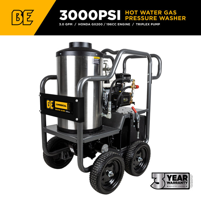 BEPowerEquipment 3000PSI 3.0GPM Hot Water Pressure Washer with Honda GX200 Engine and Comet Triplex Pump - HW2765HC