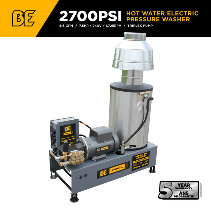 BEPowerEquipment 2,700 PSI 4.6 GPM 7.5 HP Hot Water Pressure Washer with Baldor Motor and AR Triplex Pump - HW2775E3CNG