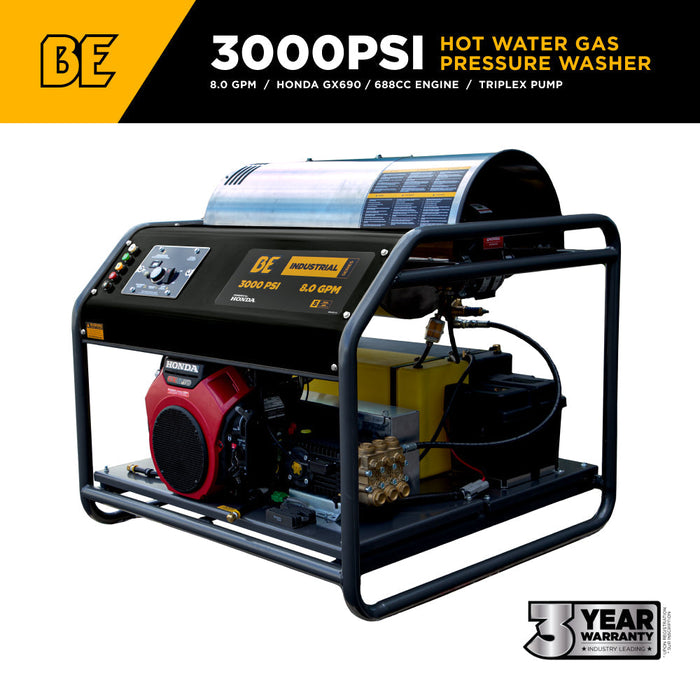 BEPowerEquipment 3,000 PSI 8.0GPM Hot Water Pressure Washer with Honda GX690 Engine and General Triplex Pump - HW3024HG12V