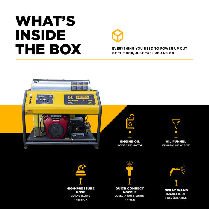 BEPowerEquipment 3,000 PSI 8.0GPM Hot Water Pressure Washer with Honda GX690 Engine and General Triplex Pump - HW3024HG12V