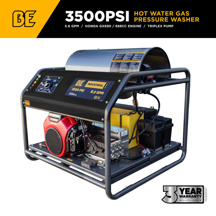 BEPowerEquipment 3,500 PSI 5.6GPM Hot Water Pressure Washer Honda GX690 Engine and General Triplex Pump - HW3524HG12V