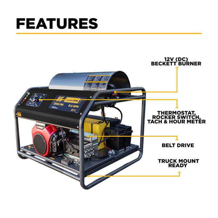 BEPowerEquipment 3,500 PSI 5.6GPM Hot Water Pressure Washer Honda GX690 Engine and General Triplex Pump - HW3524HG12V