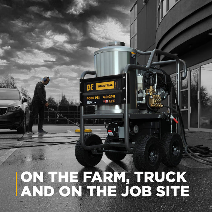 BEPowerEquipment 4,000 PSI - 4.0 GPM Hot Water Pressure Washer with Honda GX390 Engine and Belt Driven General Triplex Pump - HW4013HBG