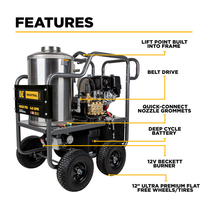 BEPowerEquipment 4,000 PSI - 4.0 GPM Hot Water Pressure Washer with Honda GX390 Engine and Belt Driven General Triplex Pump - HW4013HBG
