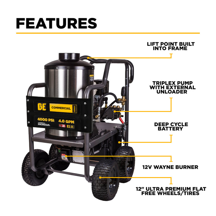 BEPowerEquipment 4,000 PSI - 4.0 GPM Hot Water Pressure Washer with Honda GX390 Engine and General Triplex Pump - HW4013HG