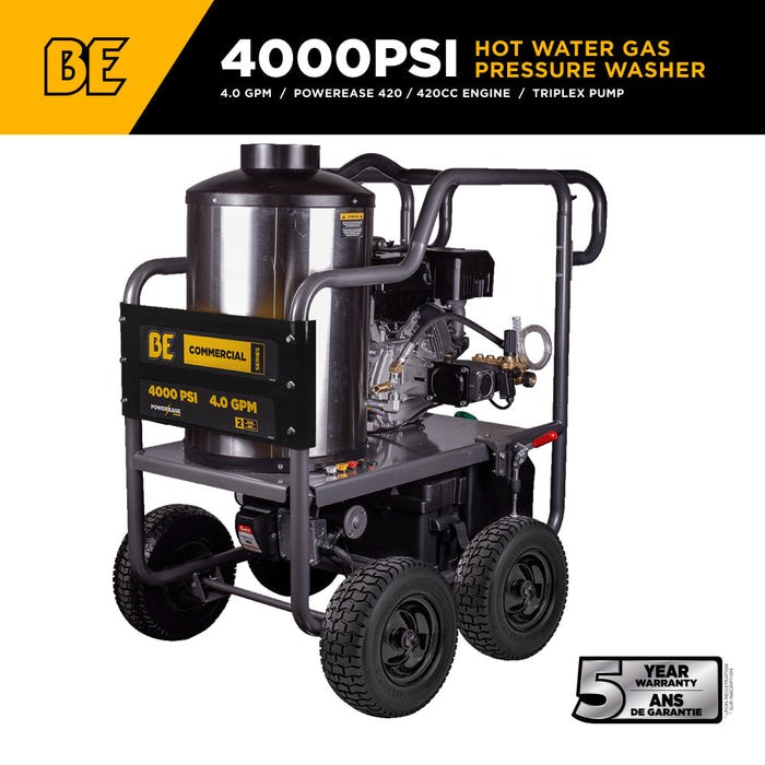 BEPowerEquipment 4,000 PSI - 4.0 GPM Hot Water Pressure Washer with Powerease 420 Engine and AR Triplex Pump - HW4015RA