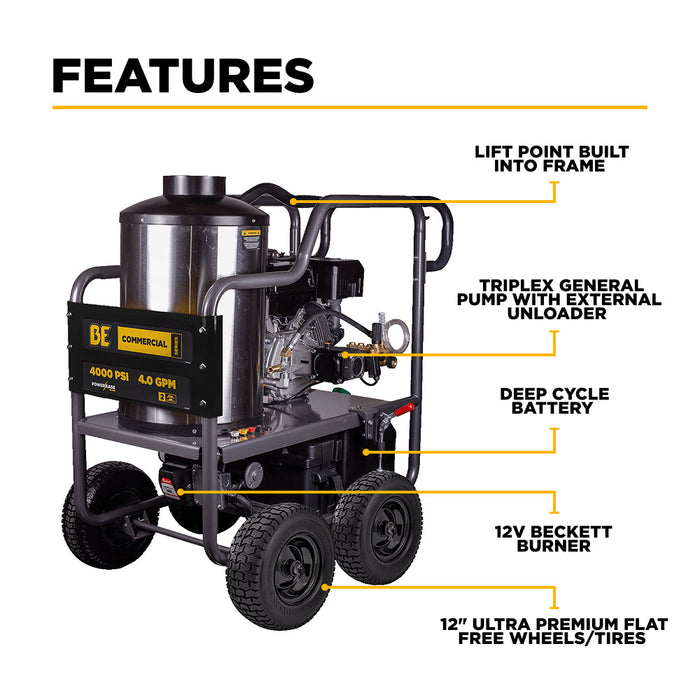 BEPowerEquipment 4,000 PSI - 4.0 GPM Hot Water Pressure Washer with Powerease 420 Engine and AR Triplex Pump - HW4015RA