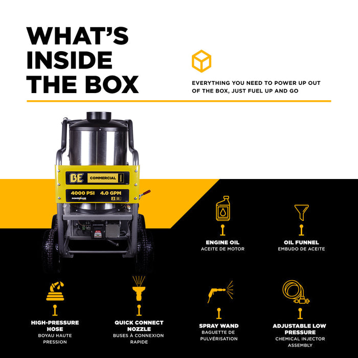 BEPowerEquipment 4,000 PSI - 4.0 GPM Hot Water Pressure Washer with Powerease 420 Engine and AR Triplex Pump - HW4015RA