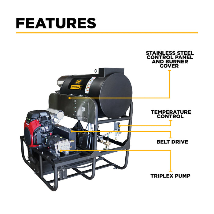 BEPowerEquipment 3,000 PSI 10 GPM Hot Water Gas Pressure Washer Skid with General Triplex Pump - SE5815HHZGP