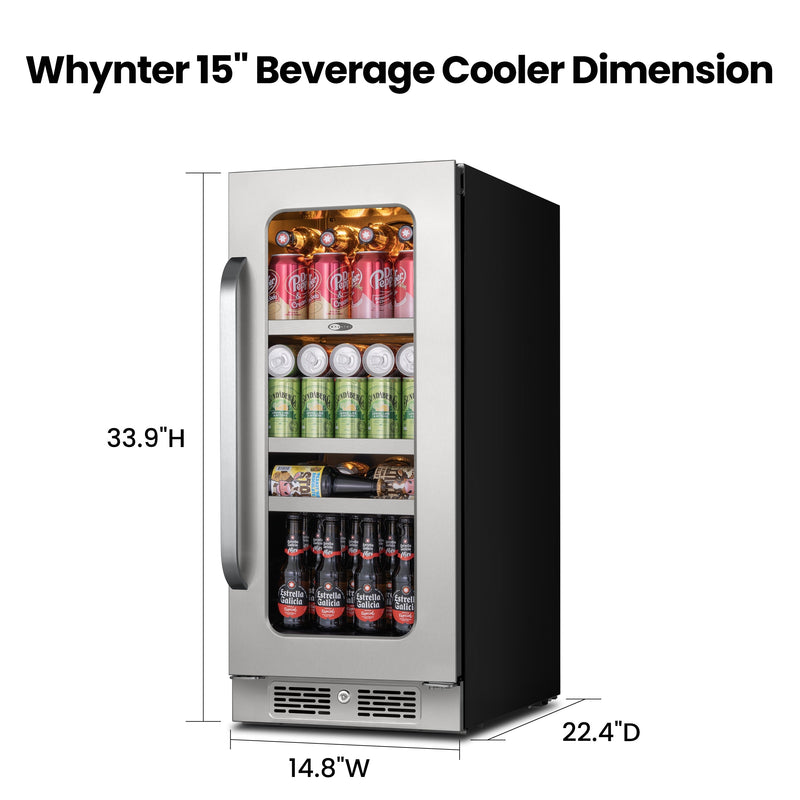 Whynter BSR-080SB 15” Built-In Beverage Refrigerator – 128 Can Stainless Steel Undercounter Fridge with Digital Control, Lock & LED Lighting Whynter