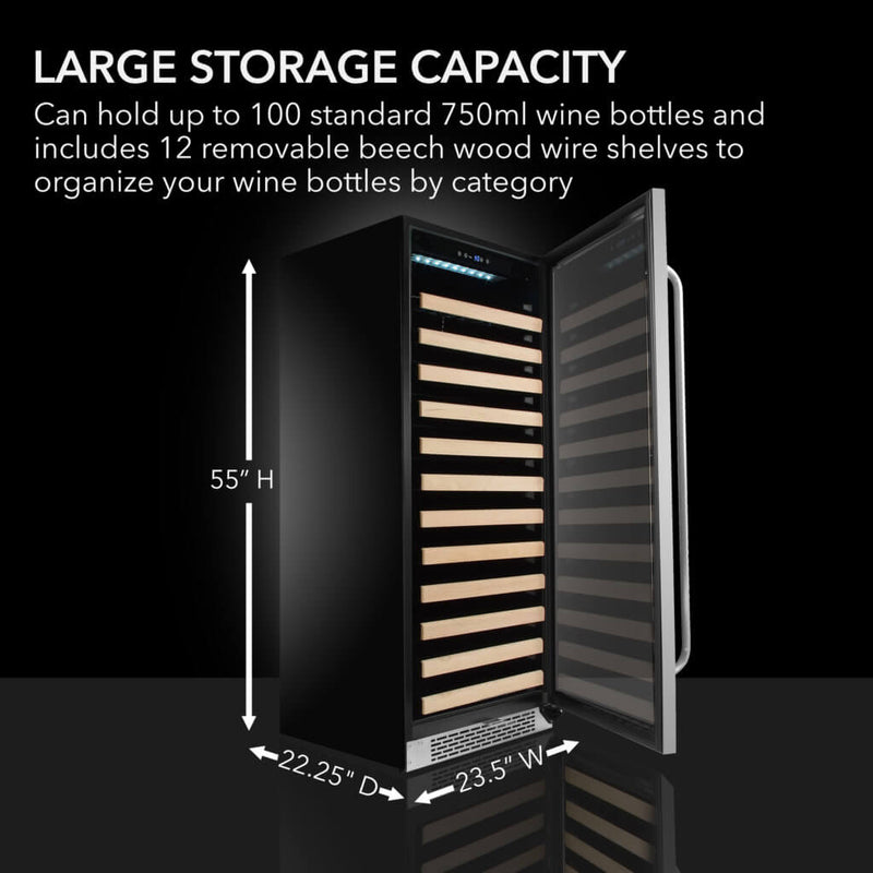 Whynter BWR-1002SD Single Zone 24 in. 100-Bottle Built-in Wine Cooler Fridge w/ Lock Stainless Steel with Display Rack and LED Display Whynter