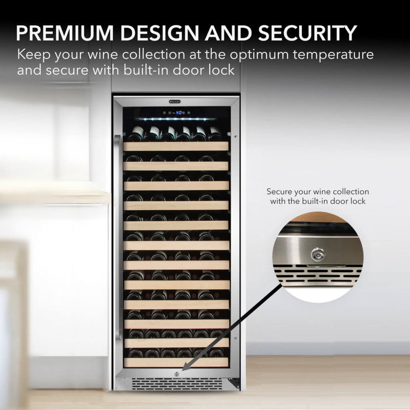 Whynter BWR-1002SD Single Zone 24 in. 100-Bottle Built-in Wine Cooler Fridge w/ Lock Stainless Steel with Display Rack and LED Display Whynter