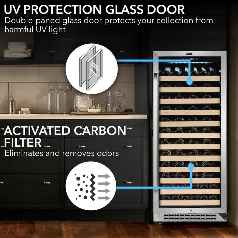 Whynter BWR-1002SD Single Zone 24 in. 100-Bottle Built-in Wine Cooler Fridge w/ Lock Stainless Steel with Display Rack and LED Display Whynter