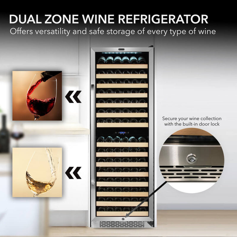 Whynter BWR-1642DZ 24 in. Dual-Zone 164-Bottle Wine Cooler Fridge with Display Rack Built-In Stainless Steel UV Protection Glass Door Whynter