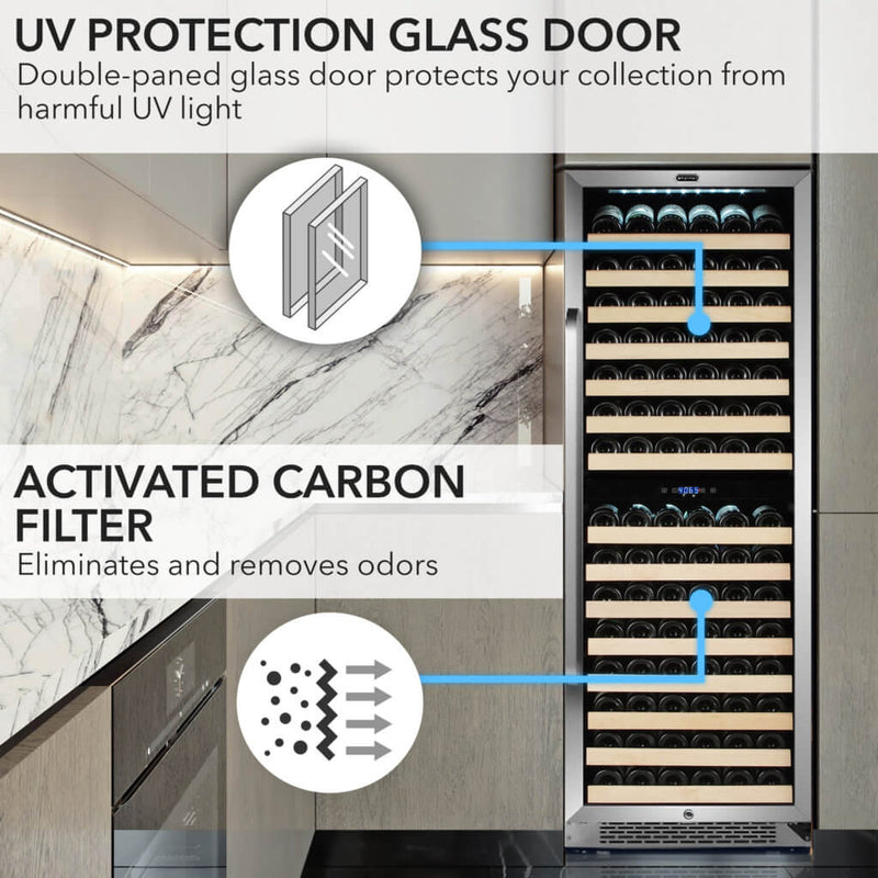 Whynter BWR-1642DZ 24 in. Dual-Zone 164-Bottle Wine Cooler Fridge with Display Rack Built-In Stainless Steel UV Protection Glass Door Whynter