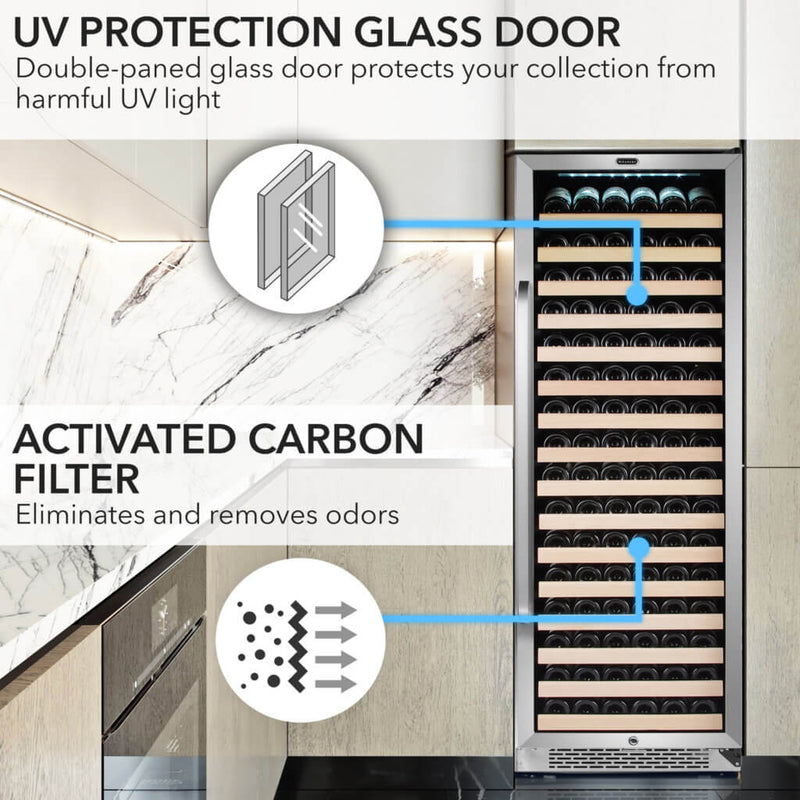 Whynter BWR-1662SD 24 in. Single-Zone 166-Bottle Wine Cooler Fridge with Display Rack Built-In Stainless Steel UV Protection Glass Door Whynter