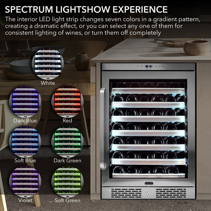 Whynter BWR‑545XS 54‑Bottle Built‑In/Undercounter Wine Refrigerator – Spectrum Lightshow, Stainless Steel Trim Whynter