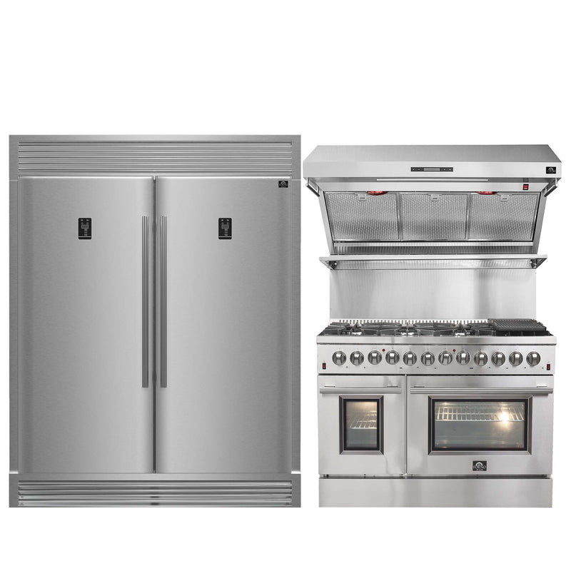 FORNO Premium 3-Piece Bundle -48" Dual Fuel Range, Wall Mount Range Hood, 60" Refrigerator, FBDL-017-02US FORNO
