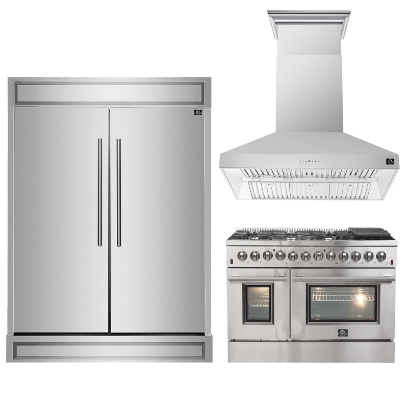 FORNO Premium 3-Piece Kitchen Bundle - 48" Dual Fuel Range, Wall Mount Range Hood and 60" Refrigerator with Modern Grill Trim, FBDL-017-04CAUS FORNO