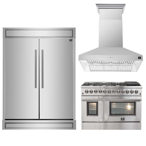 FORNO Premium 3-Piece Kitchen Bundle - 48" Dual Fuel Range, Wall Mount Range Hood and 60" Refrigerator with Modern Grill Trim, FBDL-017-04CAUS FORNO