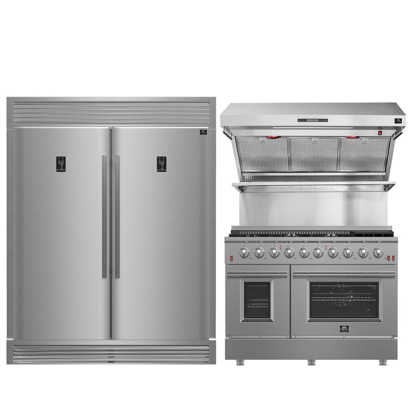 FORNO Premium 3-Piece Kitchen Bundle - 48 Inch Gas Range, Wall Mount Range Hood, 60 Inch Refrigerator, FBDL-018-02US FORNO