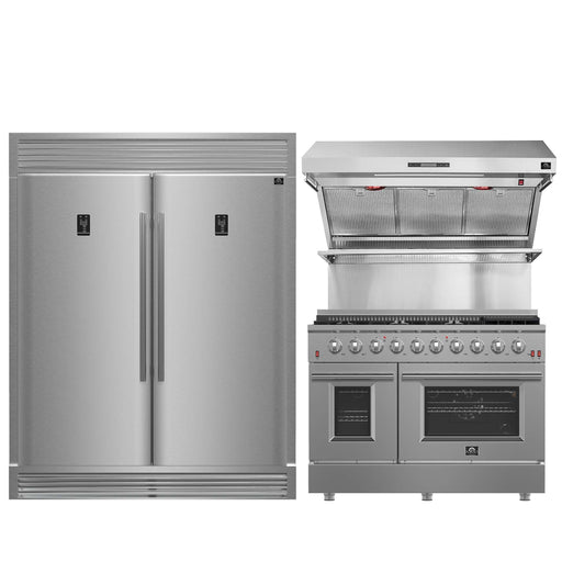 FORNO Premium 3-Piece Kitchen Bundle - 48 Inch Gas Range, Wall Mount Range Hood, 60 Inch Refrigerator, FBDL-018-02US FORNO
