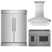FORNO Premium 3-Piece Kitchen Bundle - 48" Gas Range, Wall Mount Range Hood and 60" Refrigerator with Modern Grill Trim, FBDL-018-04CAUS FORNO