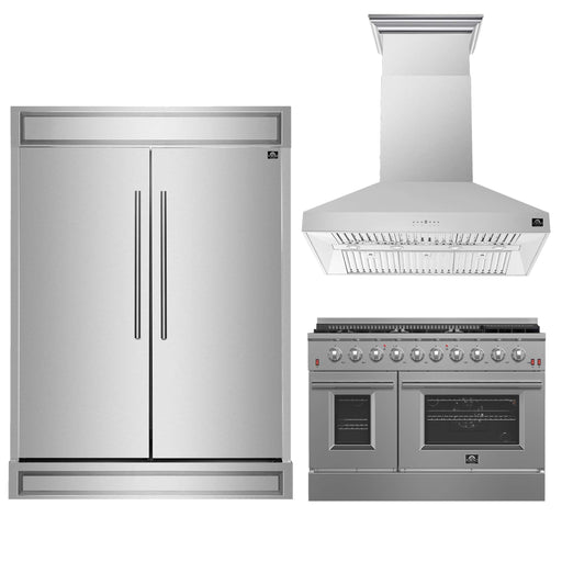 FORNO Premium 3-Piece Kitchen Bundle - 48" Gas Range, Wall Mount Range Hood and 60" Refrigerator with Modern Grill Trim, FBDL-018-04CAUS FORNO
