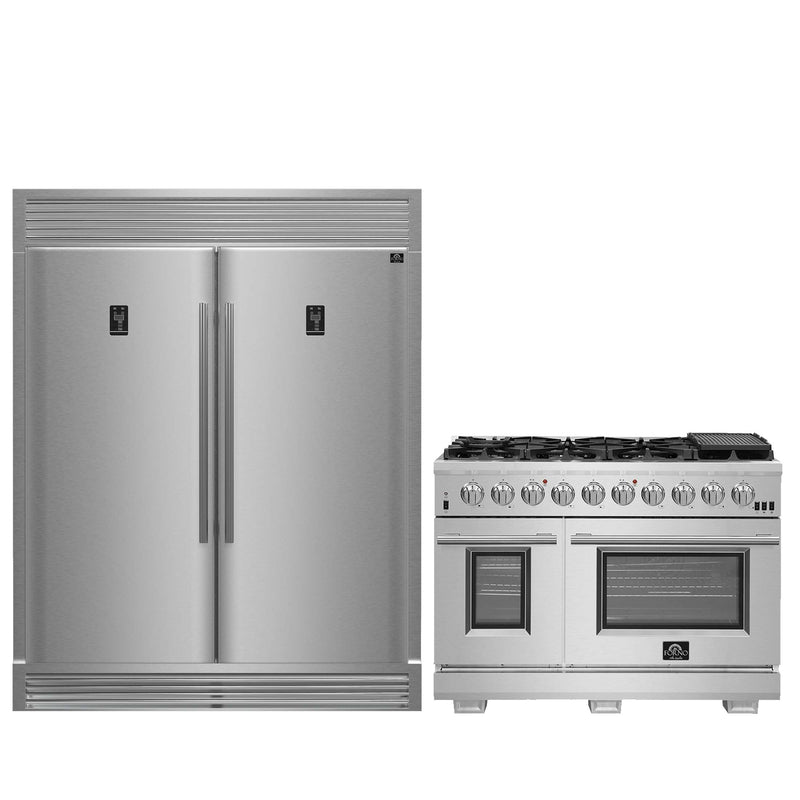 FORNO Premium 2-Piece Kitchen Bundle - Capriasca 48" Stainless Steel Range, Rizzuto 60" W. Dual Combo Convertible Refrigerator, FBDL-019-04CAUS FORNO