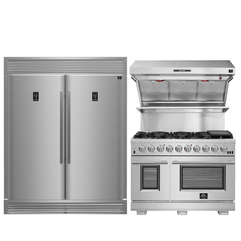 FORNO Premium 3-Piece Kitchen Bundle - 48 Inch Pro Gas Range, Wall Mount Range Hood, Refrigerator, FBDL-019-05US FORNO