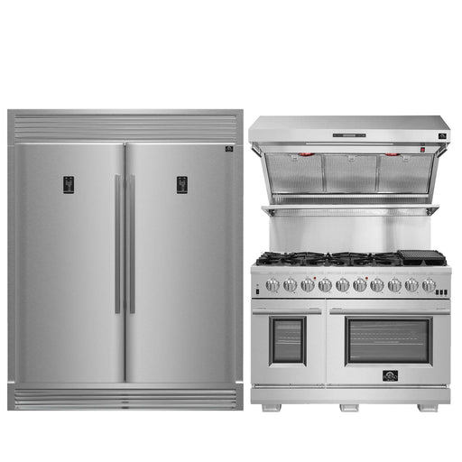 FORNO Premium 3-Piece Kitchen Bundle - 48 Inch Pro Gas Range, Wall Mount Range Hood, Refrigerator, FBDL-019-05US FORNO