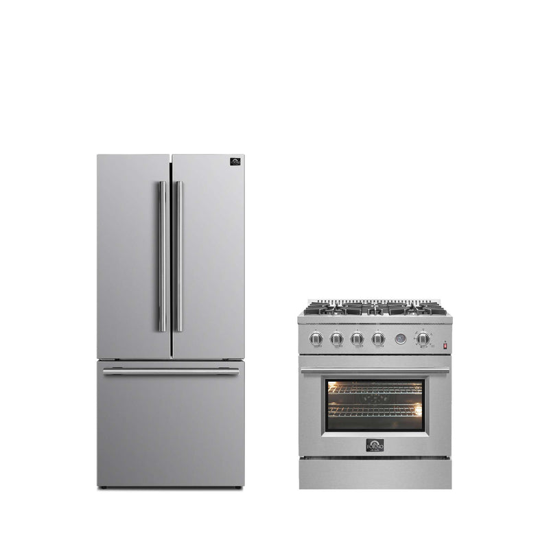 FORNO Premium 2-Piece Kitchen Bundle - 30" Gas Range with Built-In Temperature Gauge and 30" Refrigerator with Ice Maker, FBDL-021-02CAUS FORNO
