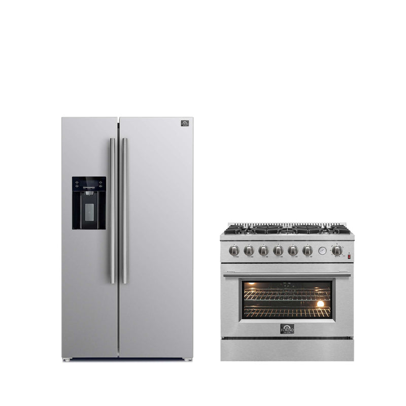 FORNO Premium 2-Piece Kitchen Bundle -36" Gas Range with Built-In Temperature Gauge and 36" Refrigerator with Ice Maker, FBDL-021-03CAUS FORNO