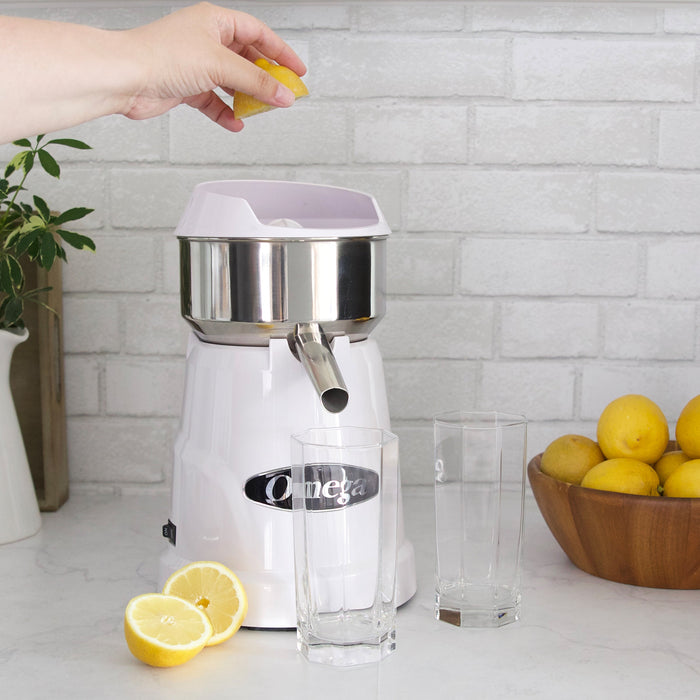Omega C-10W Single Speed Citrus Juicer - White | 150 RPM Commercial Grade