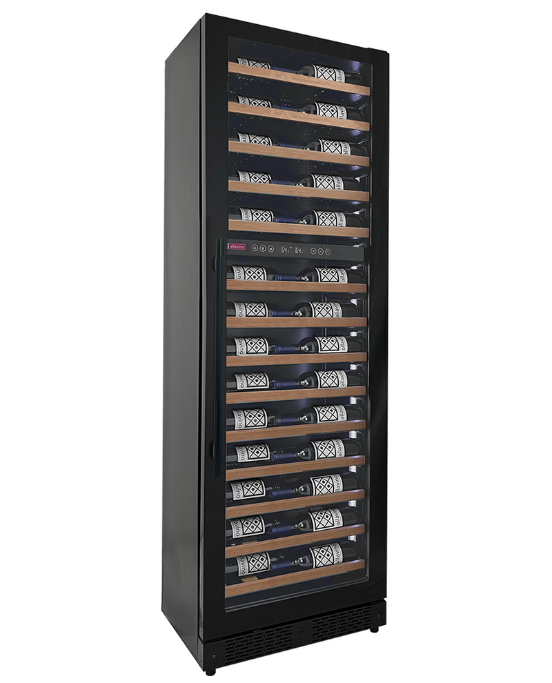 Reserva Series 67 Bottle 71" Tall Dual Zone Right Hinge Black Shallow Wine Refrigerator with Wood Shelf Fronts Allavino