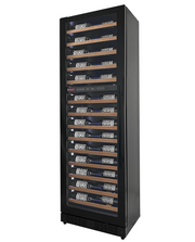 Reserva Series 67 Bottle 71" Tall Dual Zone Left Hinge Black Shallow Wine Refrigerator with Wood Front Shelves Allavino