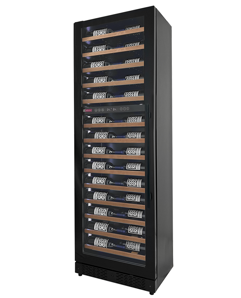 Reserva Series 67 Bottle 71" Tall Dual Zone Left Hinge Black Shallow Wine Refrigerator with Wood Front Shelves Allavino