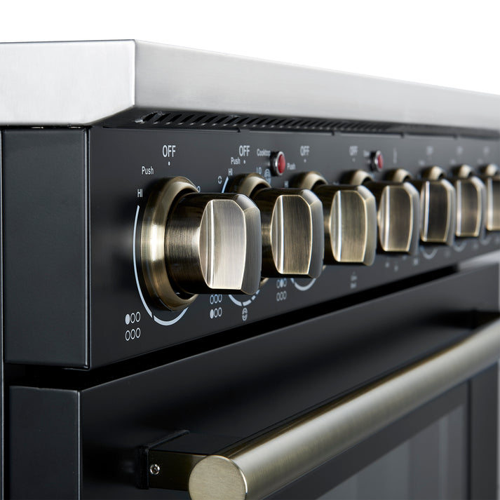 FORNO Paolo 36" 5.44 cu. ft. Freestanding Electric Range with True Convection Oven in Black with Antique Brass Accents, FFSEL6011-36BLK
