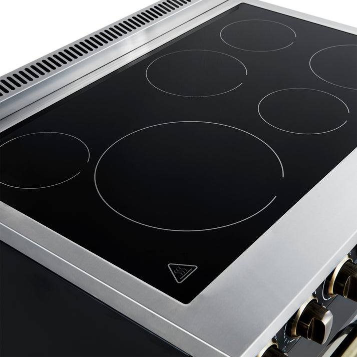 FORNO Paolo 36" 5.44 cu. ft. Freestanding Electric Range with True Convection Oven in Black with Antique Brass Accents, FFSEL6011-36BLK