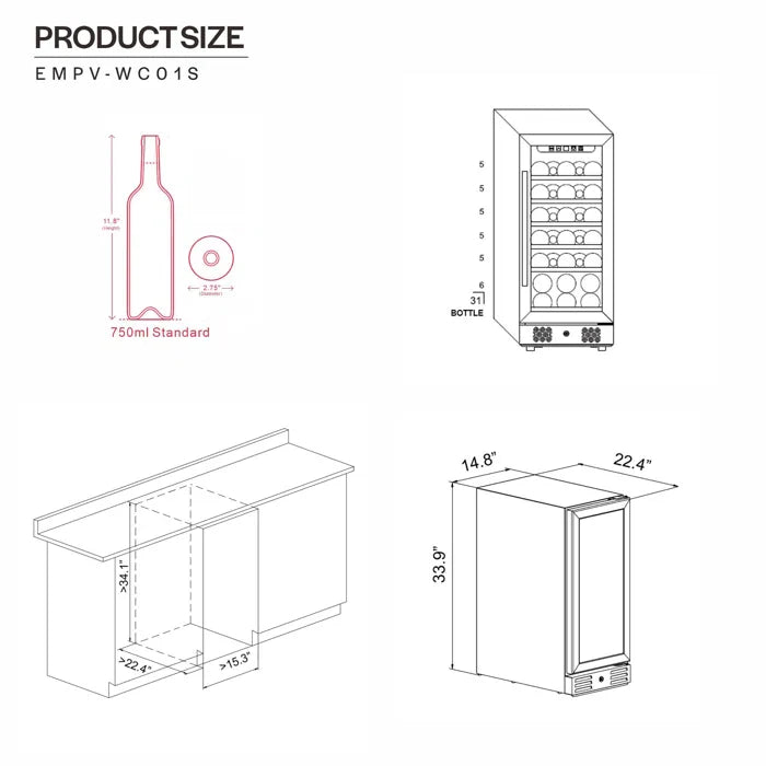 Empava EMPV-WC01S 15" Wine Cooler - 31 Bottle Capacity Single Zone