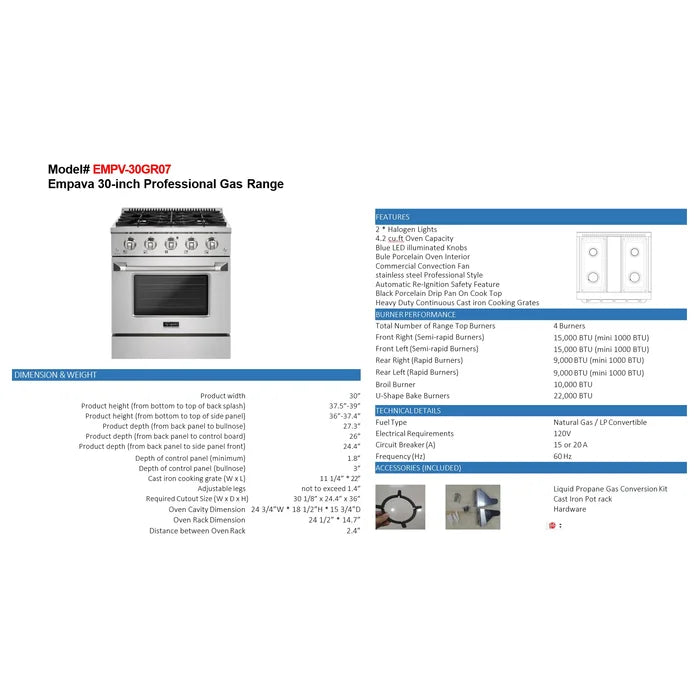Empava EMPV-30GR07 30" Slide-In Natural Gas Range - 4.2 cu.ft Single Oven with 4 Burners