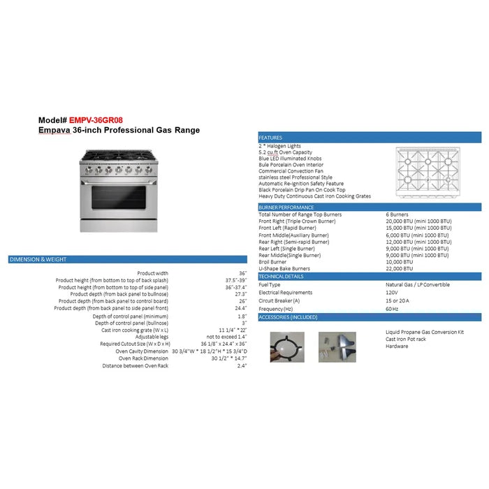Empava EMPV-36GR08 36" Slide-In Natural Gas Range - 5.2 cu.ft Single Oven with 6 Burners