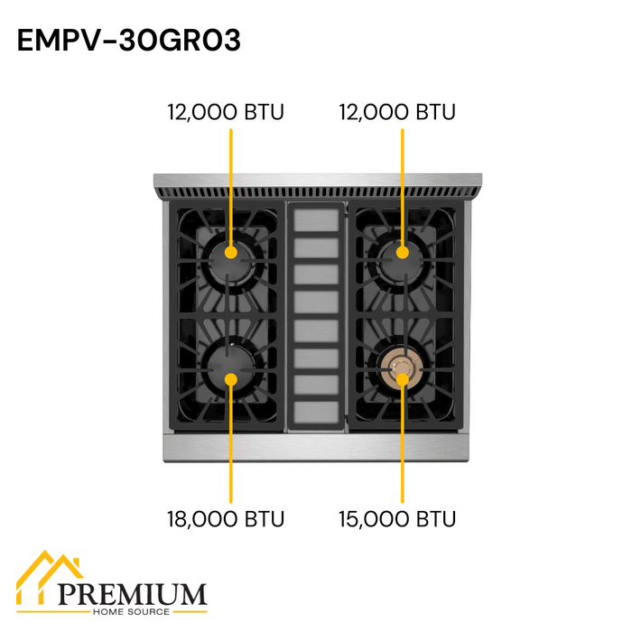 Empava EMPV-30GR03 30" Slide-In Natural Gas Range - 4.2 cu.ft with 4 Burners