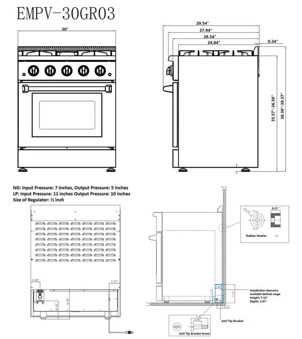 Empava EMPV-30GR03 30" Slide-In Natural Gas Range - 4.2 cu.ft with 4 Burners