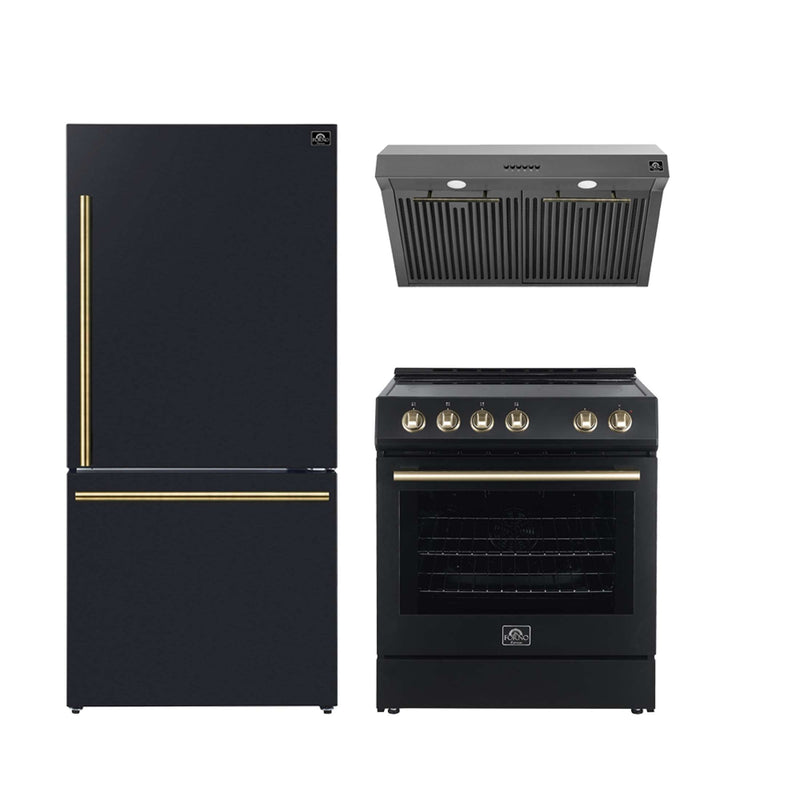 FORNO Premium 3-Piece Kitchen Bundle - Leonardo Espresso 30" Black Range, 30" Black Range Hood, 31" Black Bottom Freezer Refrigerator, FBDL-001-02US FORNO