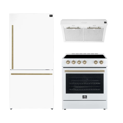 FORNO Premium 3-Piece Kitchen Bundle - Leonardo Espresso 30" White Range, 30" White Range Hood, 31" White Bottom Freezer Refrigerator, FBDL-001-03US FORNO