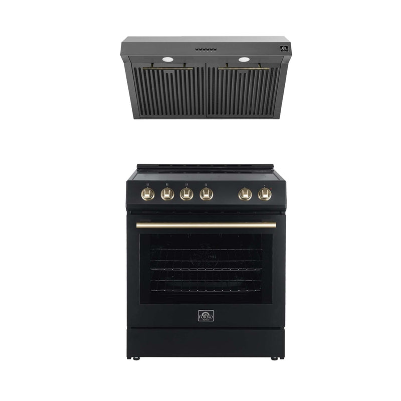FORNO Premium 2-Piece Kitchen Bundle - Leonardo Espresso 30" Black Range, 30" Black Range Hood, FBDL-002-02US FORNO